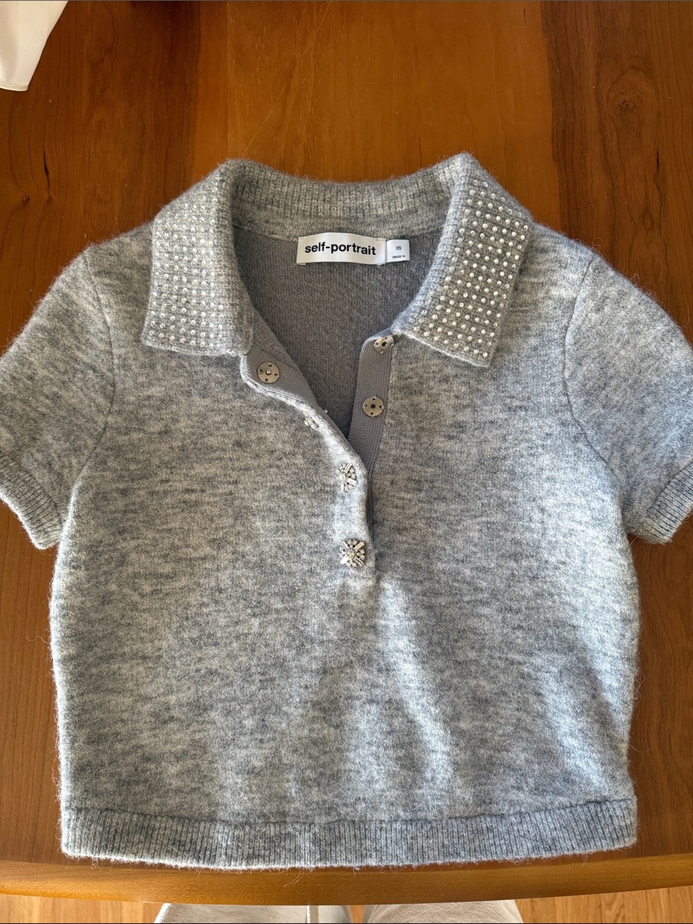 Self-Portrait Grey Girls Polo Top with Embellished Collar